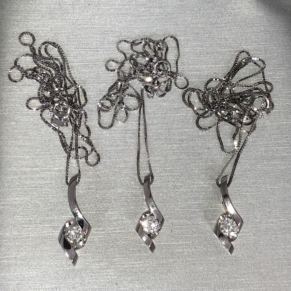 Set of 3 Solid 14K White Gold Natural Diamond Solitaire Necklace Designer Sirena - Picture 1 of 16